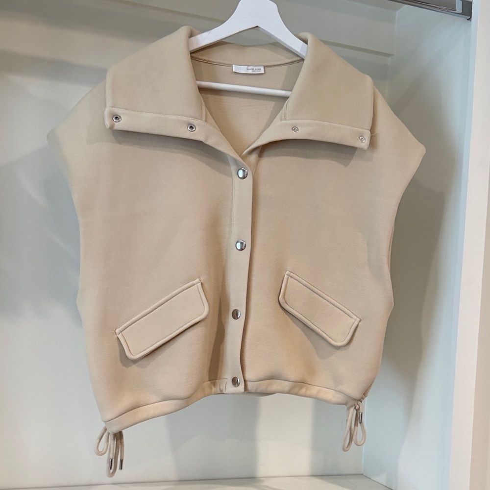 Beige Button-Up Vest with Pockets